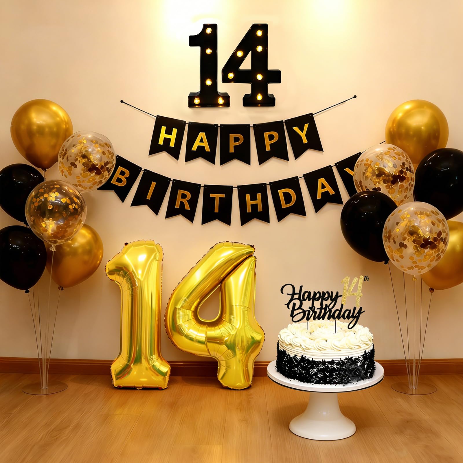 14th Birthday Decorations for Boys, Black Gold Balloons Party Decoration with LED Light Up Marquee Numbers Sign, 32inch Number 14 Balloons, Happy Birthday Banner, Cake Topper for 14th Party Decor