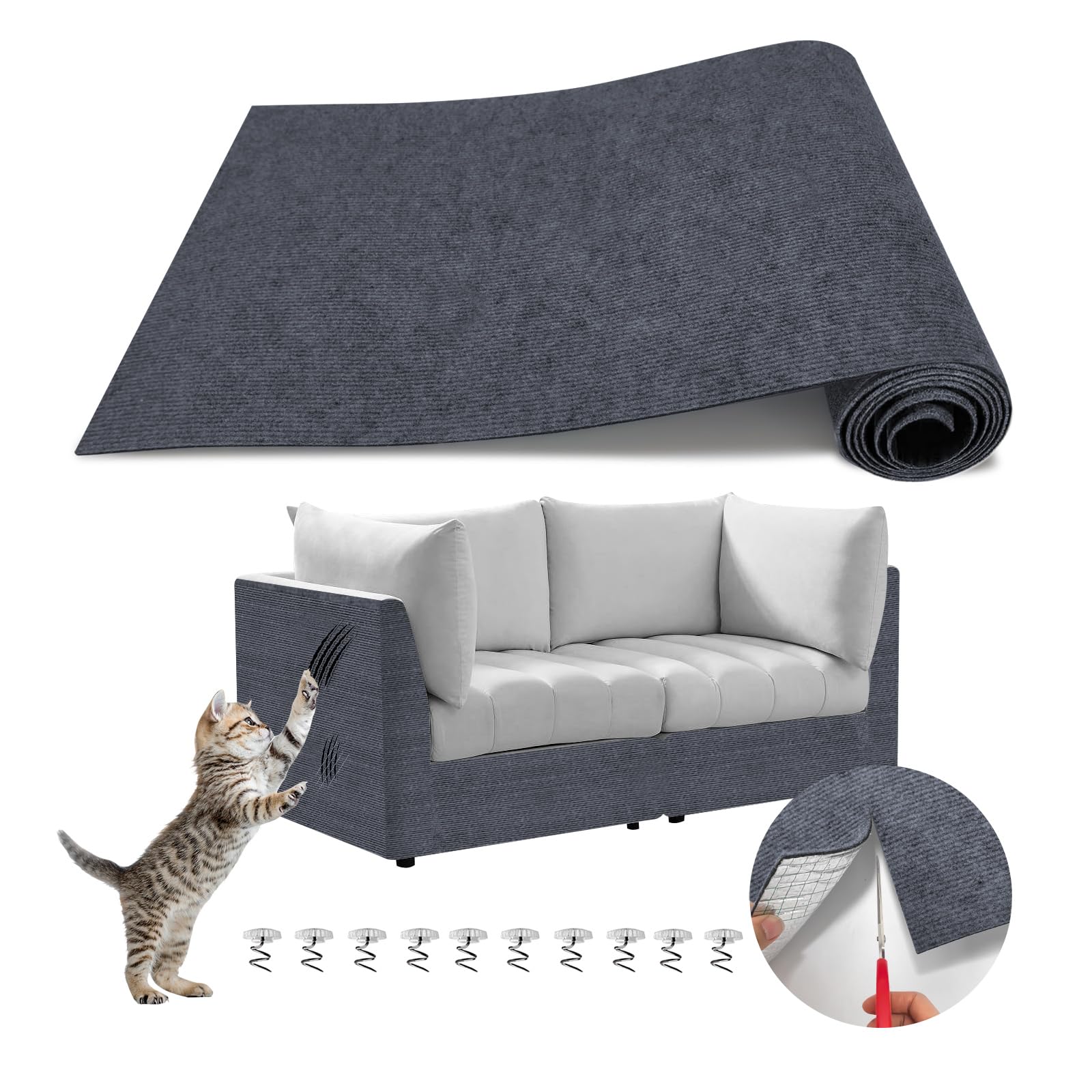 Photo 1 of 118"x15.8" Cat Scratch Couch Furniture Protector, Adhesive Cat Scratch Pad Deterrent for Furniture, Wall Corner Anit Scratcher Mat, DIY Climbing Cat Scratching Carpet Post Board Replacement (DarkGrey)