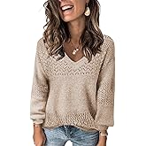 FEKOAFE Womens Sweaters 2026 Fall V Neck Long Sleeve Hollow Knit Pullover Sweaters for Women