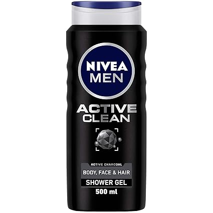 NIVEA Men Body Wash, Active Clean with Active Charcoal, Shower Gel for Body, Face & Hair, 500 ml