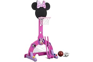 Delta Children Disney Minnie Mouse 4-in-1 Sports Center – Adjustable Easy Score Basketball Hoop, Soccer/Hockey Net and Golf Game, 4 Golf/Hockey Balls, Pink