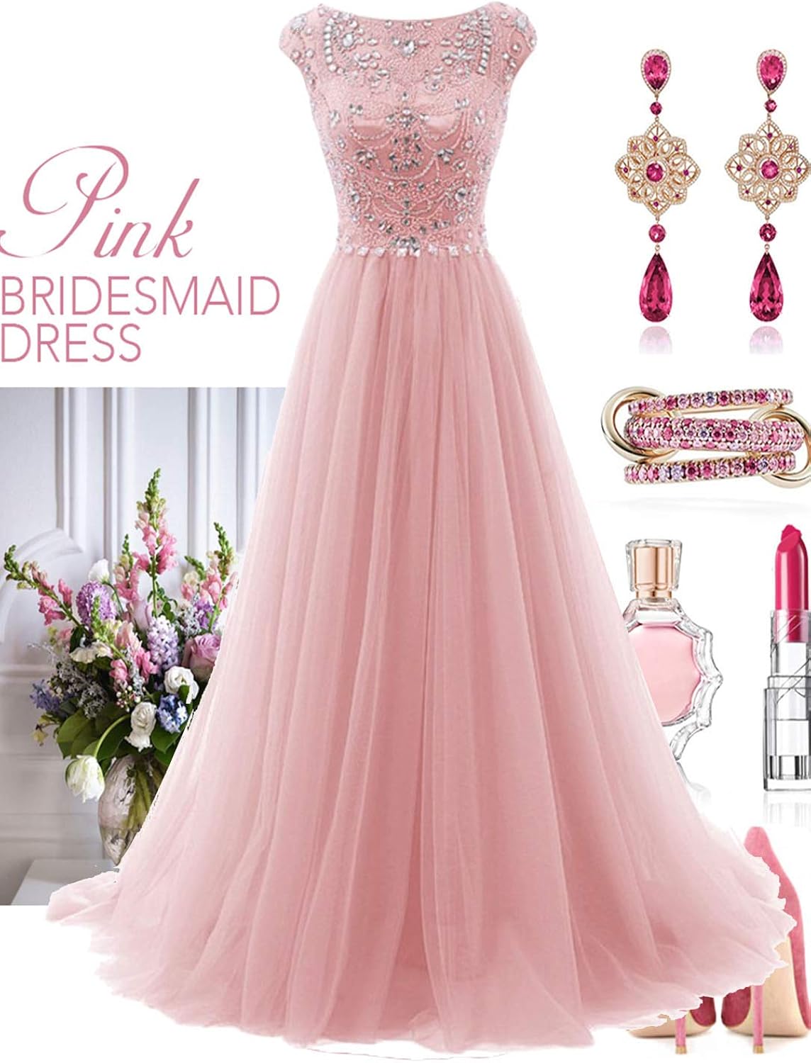 Promworld Women's Wedding Bridesmaid Dress Cap Sleeve Crystal Tulle Long Prom Dresses: Clothing