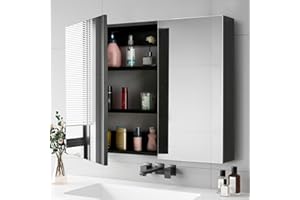 ZOOTING Bathroom Medicine Cabinet with Mirrored Doors, 32 x 24 Inch Black Wooden Bathroom Mirror Cabinet, 2 Doors Surface Mou