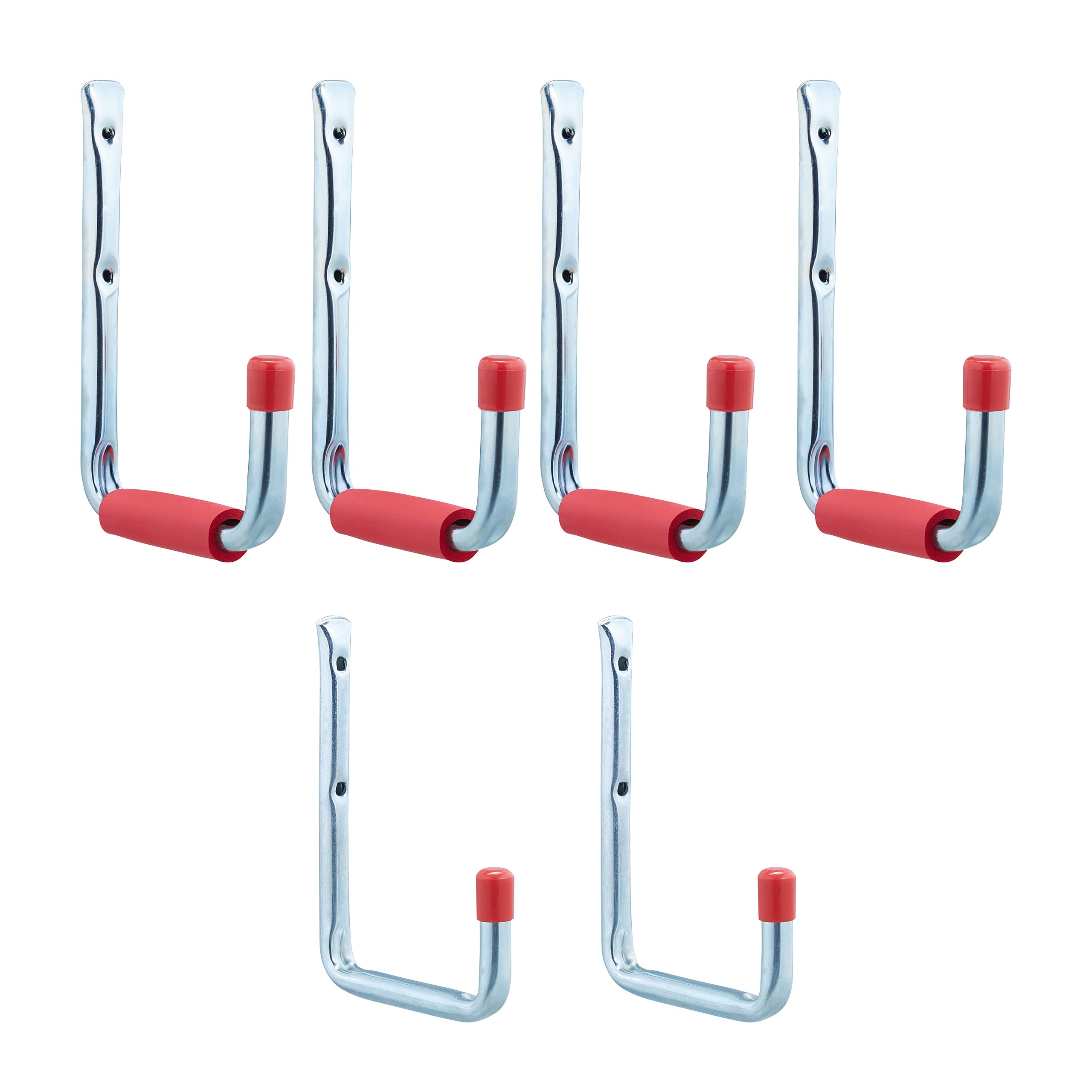 Relaxdays Garage Wall Hooks Set of 6, in 2 Sizes, up to 17.5 kg, for Tools, Workshop or Cellar, Steel, Foam, Silver-Red