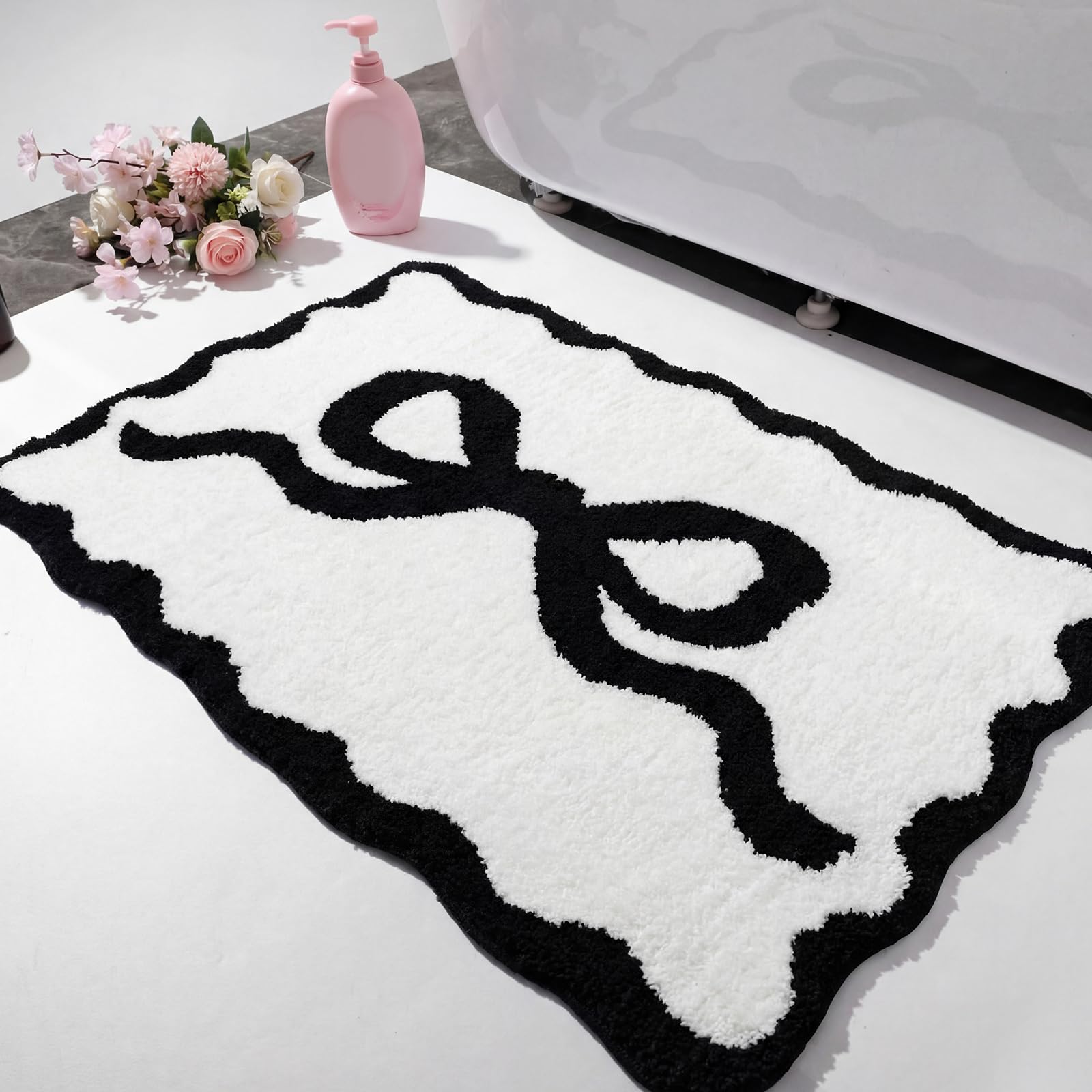 Tinideya Black Bow Bathroom Rug 36" x 24" Scalloped Non Slip Coquette Bow Cute Aesthetic Scallop Carpet Preppy Room Decor Microfiber Absorbent Bath Rug for Bathroom Bathtub Shower Bedroom