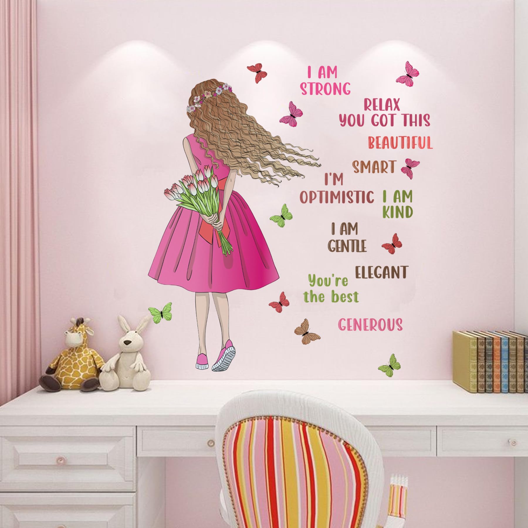 Inspirational Girl Wall Stickers for Girls Bedroom, Positive Affirmation Wall Decals with Pink Girl & Butterflies, Peel and Stick Pink Wall Art for Nursery Kids Room Decor, Vinyl Stickers in Gift Box