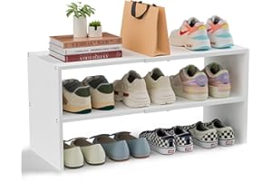CIDAZIYA White Shoe Rack Organizer for Closet, 2-Tier Expandable Shoe Shelf, Stackable Iron Wood Combination Small Shoe Racks Shelves for Closets, Entryway,Small Space,Hallway,Garage,6-12 Pairs,Patent Pending