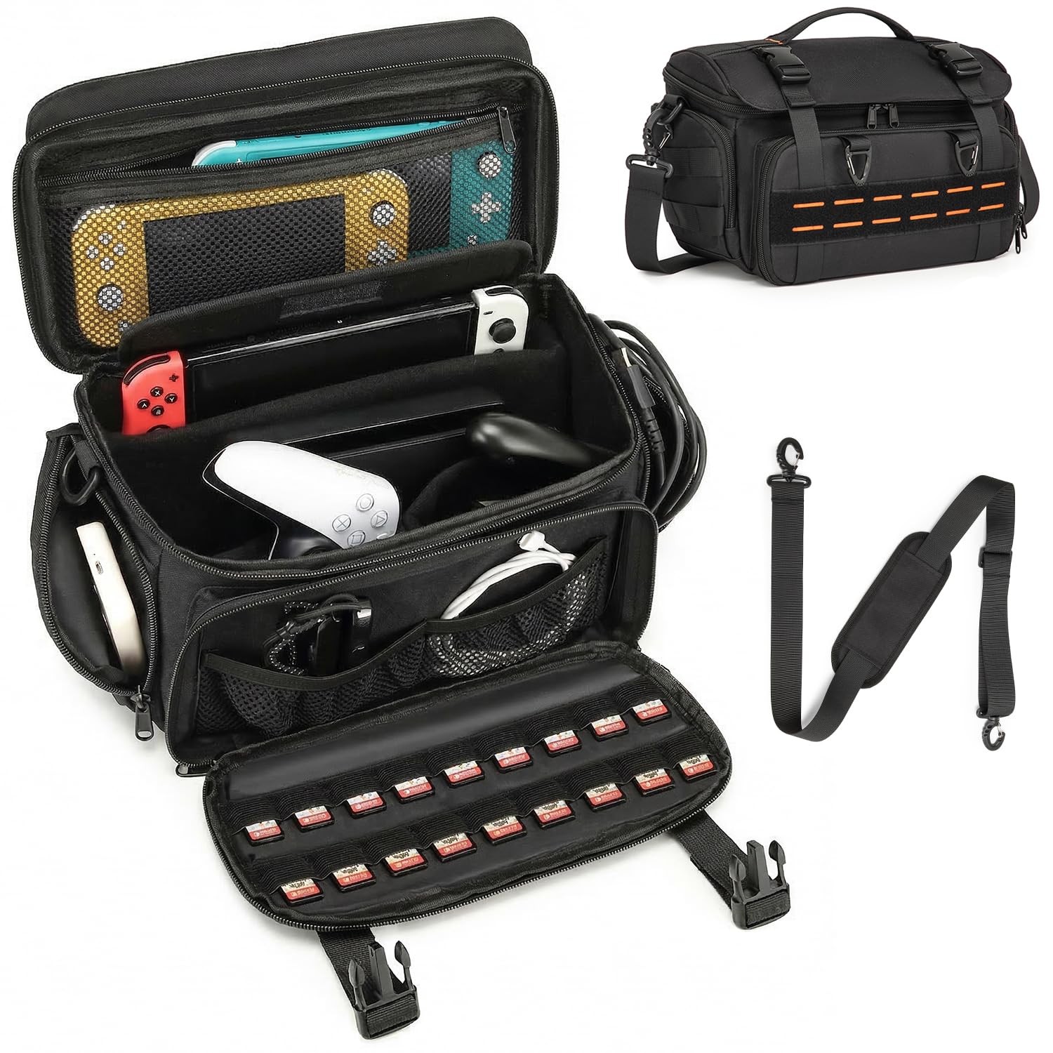 BISKLNDN Tactical Travel Gaming Bag Compatible with Switch/ Switch 2/Rog Ally X/Rog Ally, Portable Sling Carrying Case with 18 Game Card Slots, Holds Dock, Charger, Controller & Accessories