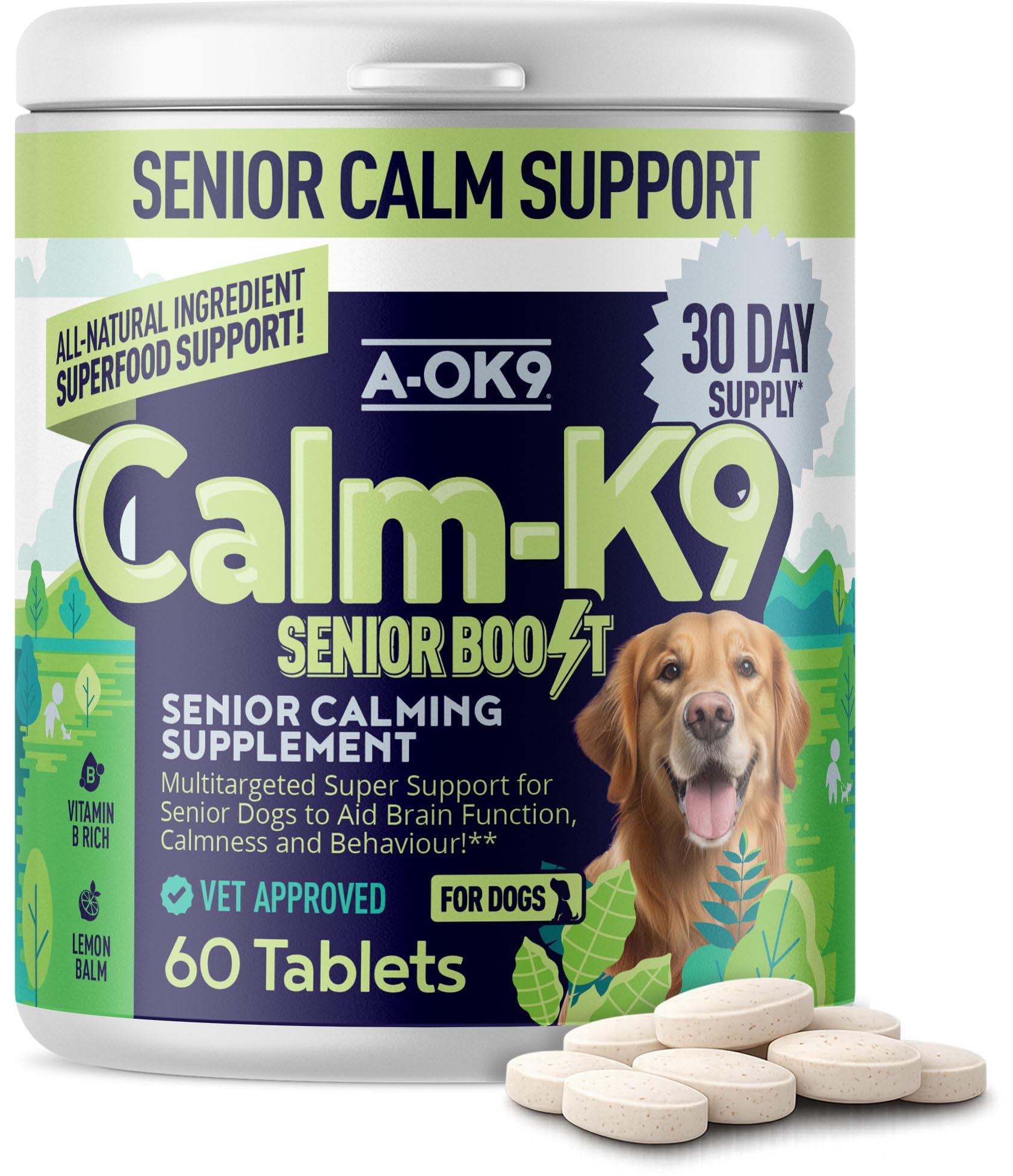 A-OK9 Calm-K9 Senior Boost Calming Supplement for Older Dogs - 60 Tablets - Reduce Anxiety, Stress or aid Barking Troubles - Natural Ingredients - Pet Remedy For All Breeds Aged 7+