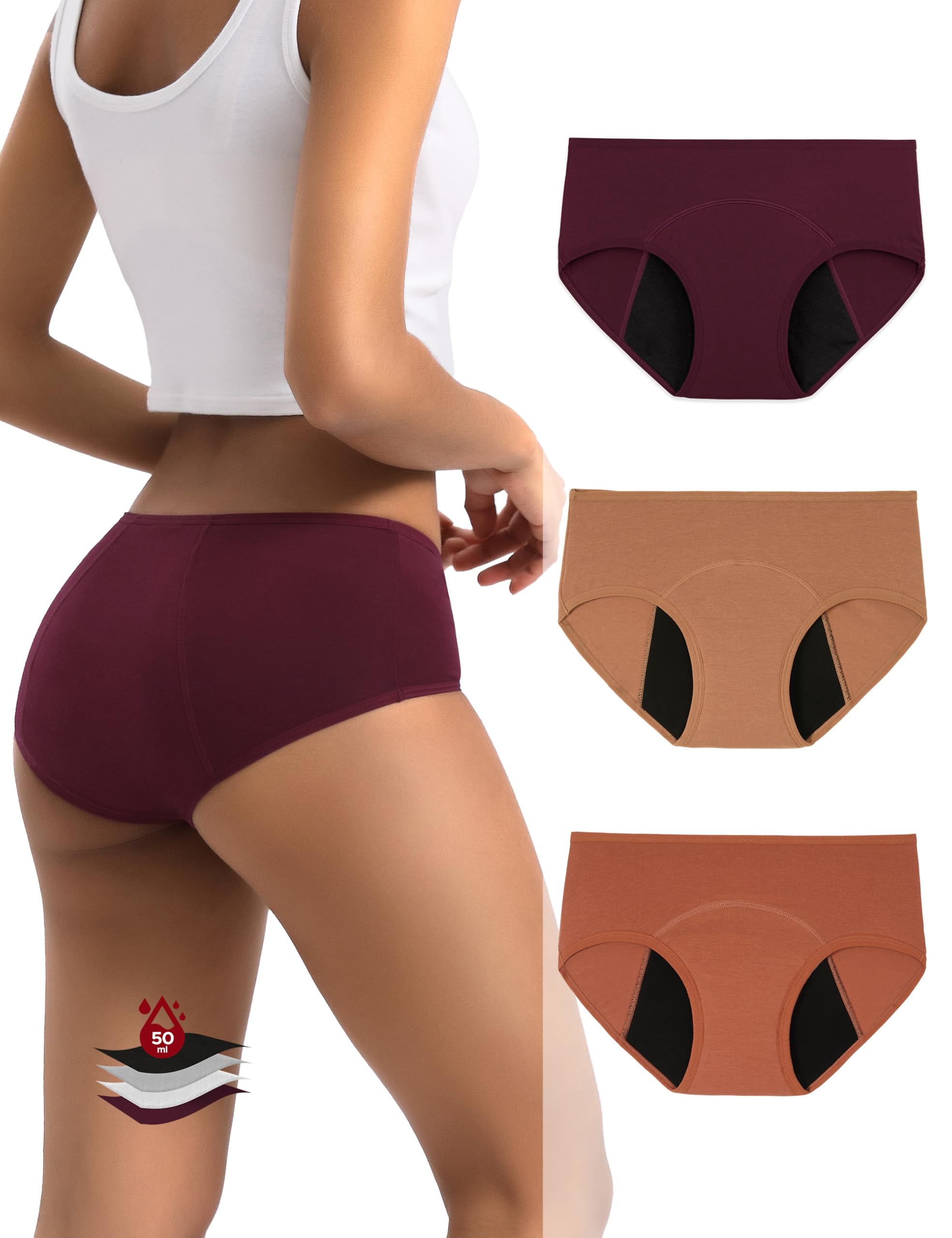 Photo 1 of INNERSY Period Underwear for Women Teens Leak-Proof Menstrual Cotton Protective Hipster Panties 3-Pack (Heavy Flow (Maillard Color), Medium)