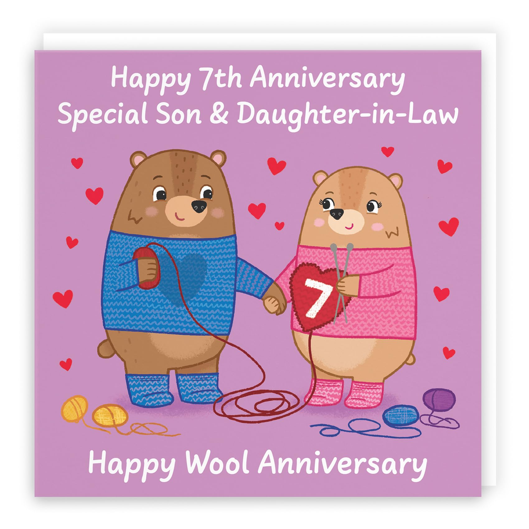 Hunts England - Son And Daughter In Law 7th Anniversary Card - Wool Anniversary - Seventh Anniversary - 7 Years - Cute Fun Bears Card For Son & Daughter-in-Law - Love Story Collection