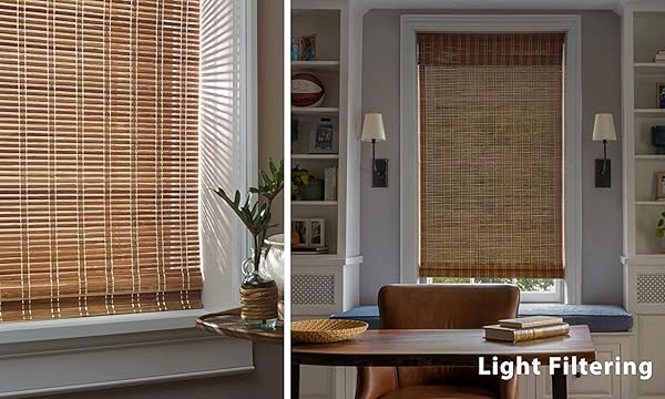 LAZBLINDS NO TOOLS NO DRILL CORDLESS BAMBOO ROMAN SHADES, LIGHT FILTERING WINDOW TREATMENT, ROLL UP BAMBOO BLINDS FOR WINDOWS 32” W X 64” H, BROWN