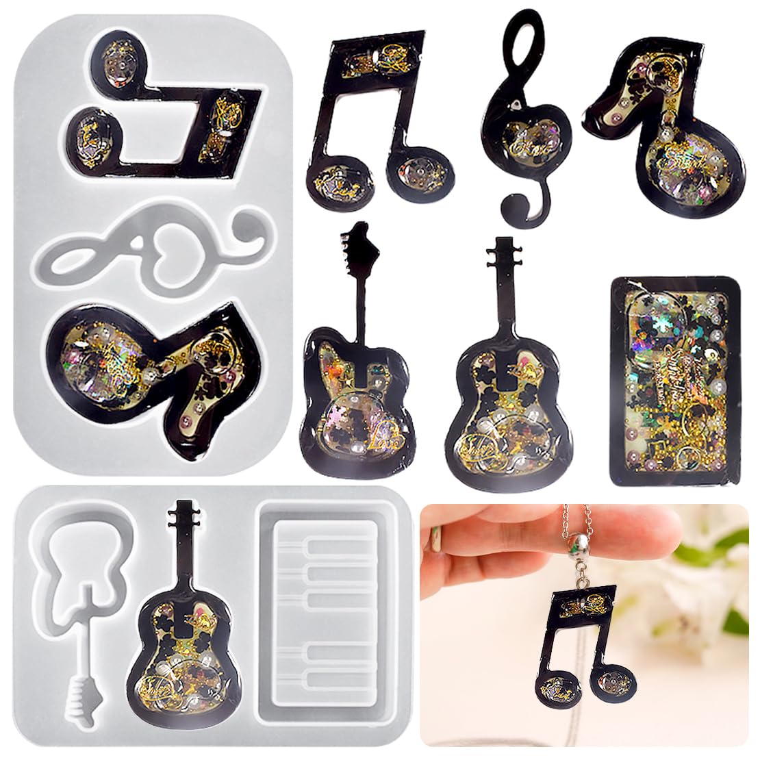 DeryArcle 2pcs Musical Instrument Epoxy Resin Mould Music Note Shaker Keychain Mold Quicksand Pendant Silicone Moulds for Casting DIY Jewelry Earring Necklace Decoration Craft