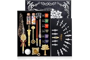 TIANREN Quill Pen and Ink Set,Feather Dip pen with 6 bottles of ink,Antique Calligraphy Pen,Feather Writing Pen,Wooden Dip Pen,Glass Dip Pen,Wax Seal Stamp Kits Birthday&Christmas Gift for Men&Women(Gray)
