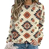 ZOCAVIA Western Aztec Sweatshirts for Women Retro Ethnic Graphic Crewneck Long Sleeve Pullover Tops Fall Casual Country Shirt