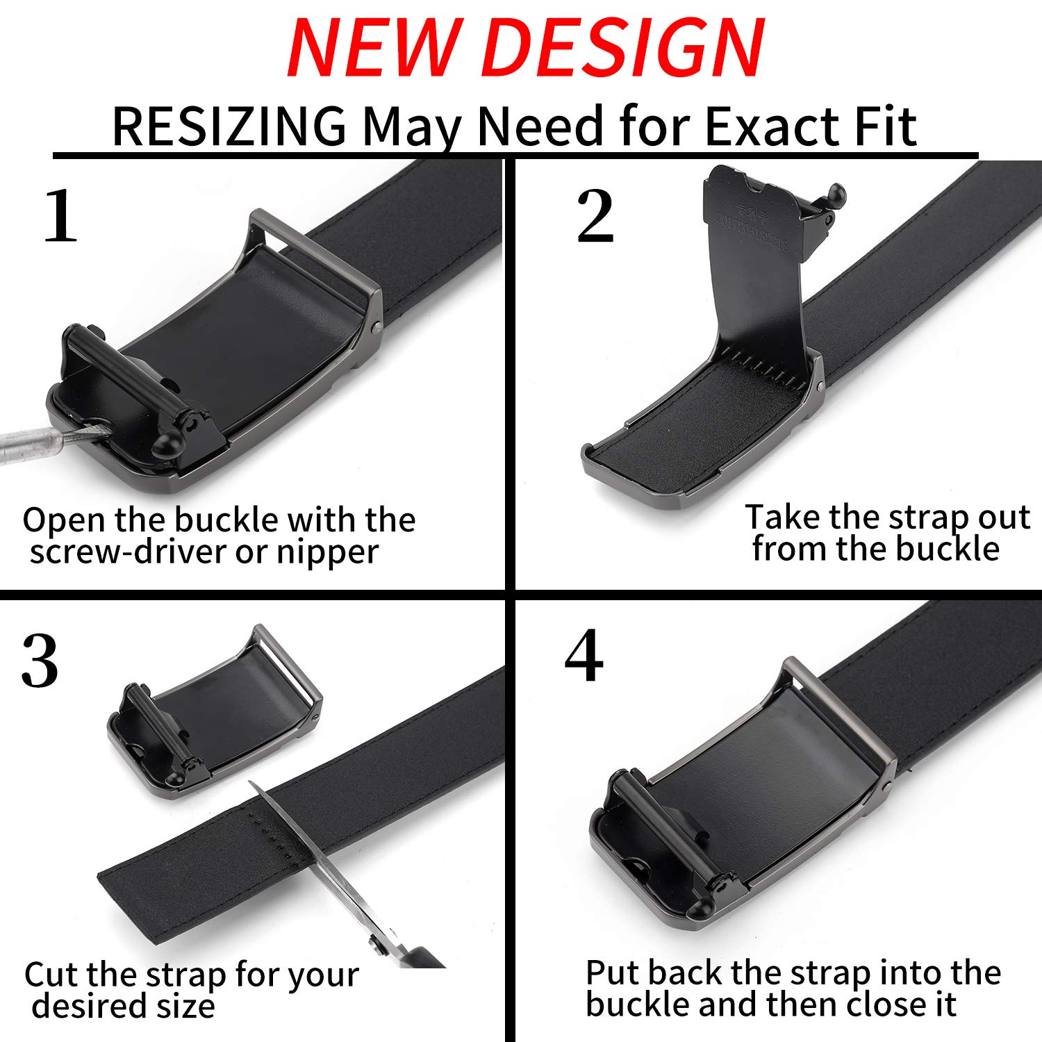 ZHENGYUN Men Adjustable Black Leather Belt, Work Belt, Slide Ratchet Automatic Click Buckle Dress Belts for Jeans Pants Silver L(130CM)