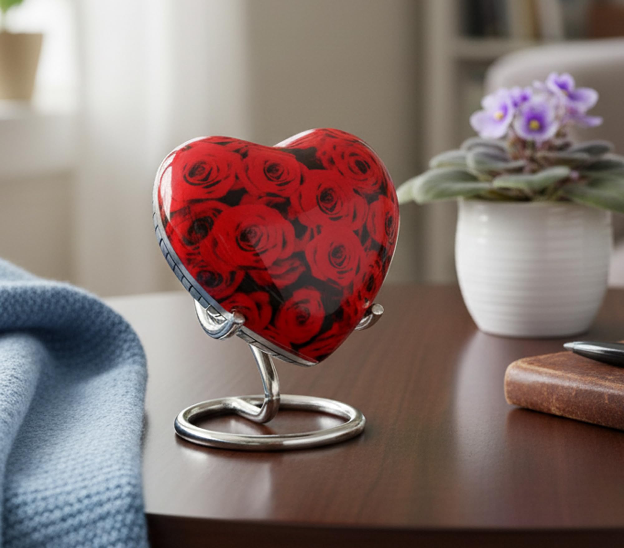 eSplanade Brass Mini Cremation Urn Heart-Shaped Keepsake Memorial Jar Pot Container | Small Urn with Stand for Funeral Ashes Burial | Red Roses Printed Keepsake | Red - 2.75" Inches