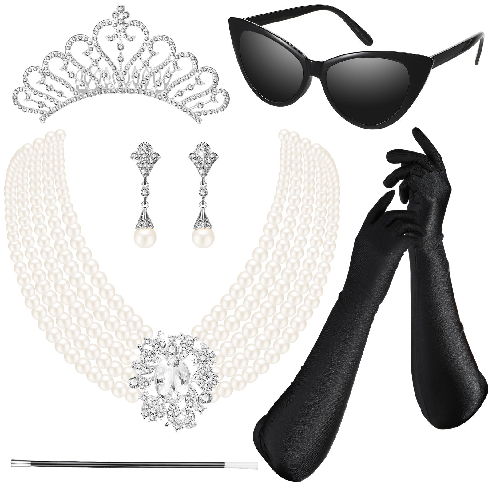 Photo 1 of BBTO 6 Pieces 1920s Accessories for Women Halloween Costume Set Pearl Dangle Pendant Necklace Earrings(Gorgeous Style)