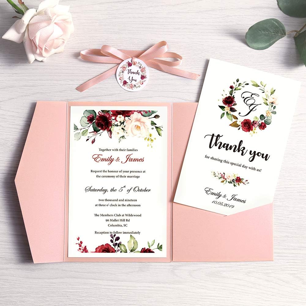 Doris Home 1pc 4.7 x7.1inch Tri-fold wedding invitations for Bridal Shower, Dinner, Beach theme, Party with Ribbon and Tags, DH0001 (Pink, 1Pc Blank)