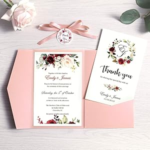 Doris Home 1pc 4.7 x7.1inch Tri-fold wedding invitations for Bridal Shower, Dinner, Beach theme, Party with Ribbon and Tags, DH0001 (Pink, 1Pc Blank)