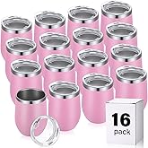 Remagr 16 Pack Stainless Steel Wine Tumblers 12 oz Insulated Vacuum Wine Cup Set Double Wall Stainless Steel Stemless Mug Glasses for Coffee Soda Whiskey Outdoor Travel (Pink)