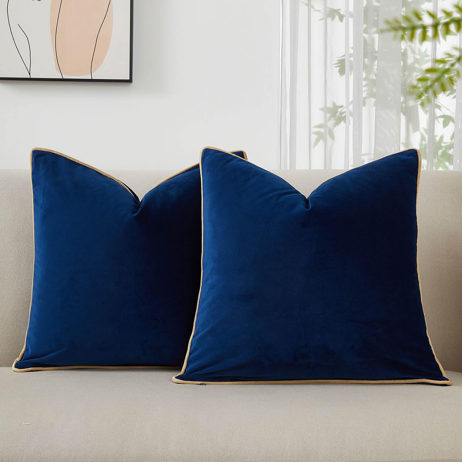 Photo 1 of JUSPURBET Set of 2 Navy Blue Velvet Decorative Pillow Covers 18x18 Inch Plush Accent Cushion Cases with Piping and Hidden Zipper for Sofa Couch Living Room Decor