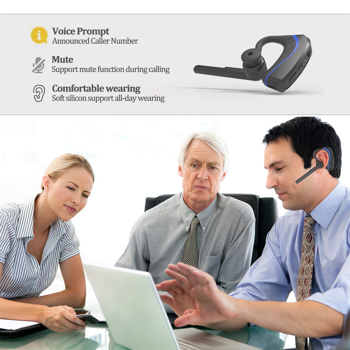 Bluetooth Headset Wireless Earpiece - Ultralight Wireless Bluetooth headset in Earbuds V4.1 w/Mic Noise Cancelling for Business/Office/Driving, Compatible with iPhone, Android Smartphones (Blue)