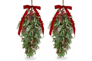 Daifunli 2 Pcs Christmas Teardrop Swag 30'' Mistletoe Artificial Christmas Mailbox Swag Decorative Pine Cedar Holly Berry Hanging Wreath for Cabinet Door Wall Outdoor Holiday Decor (Classic,Red)