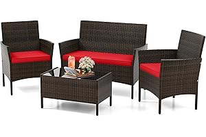 KOTEK 4 Piece Patio Furniture Set, Outdoor Rattan Conversation Set with Loveseat, Wicker Chairs, Tempered Glass Coffee Table,