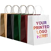 METAPRINT 50 PCS Custom Printed Kraft Paper Bags for Small Business,8x4.5x10 Inch Medium Size, Personalized Retail Gift Bags with Logo, Brown White Shopping Paper bag with Handle