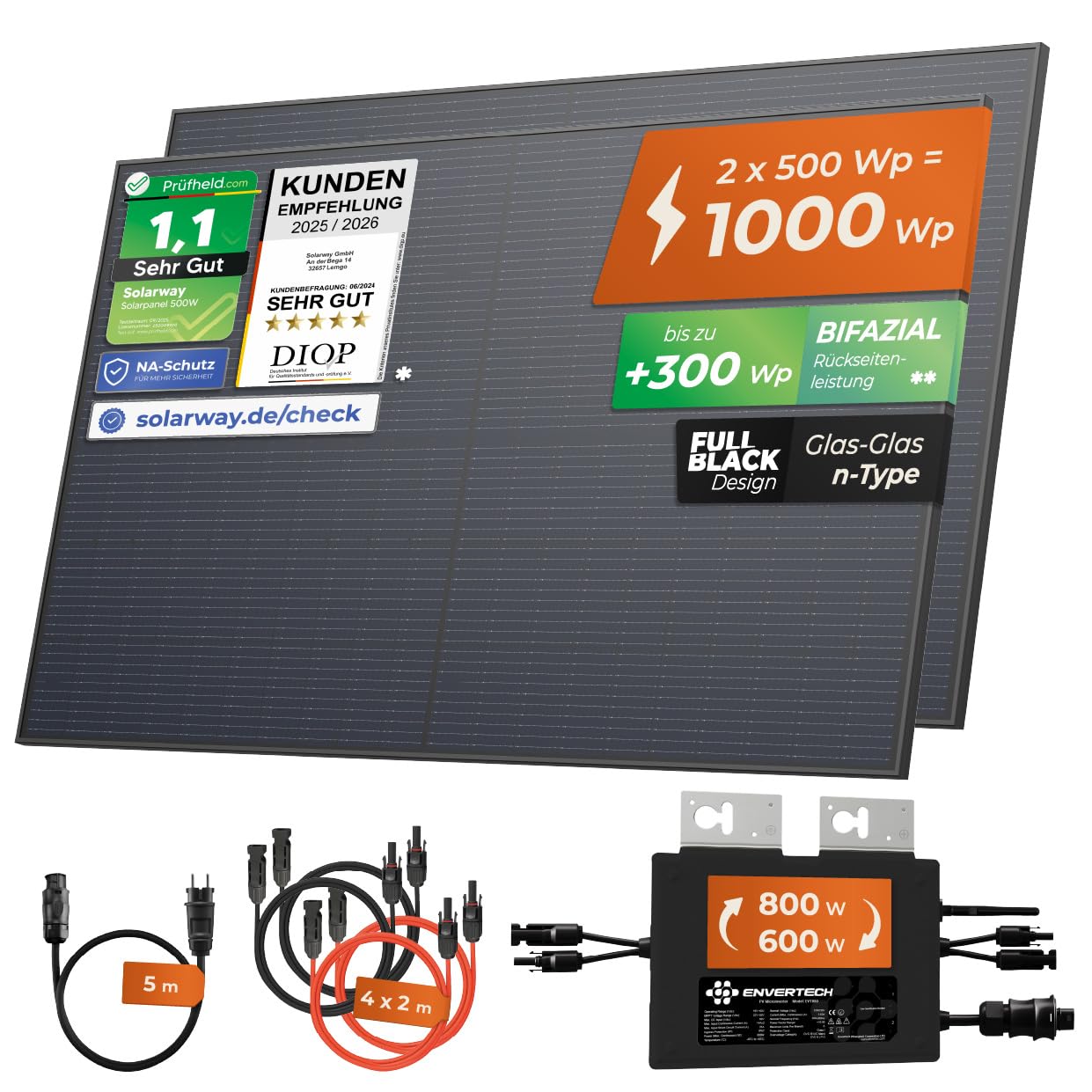 Solarway® 1000W Balkonkraftwerk 800W komplett Steckdose - neuester 800 Watt Wechselrichter - Solaranlage Komplettset - 500W bifaziale Solarmodule & Envertech & Zubehör 2