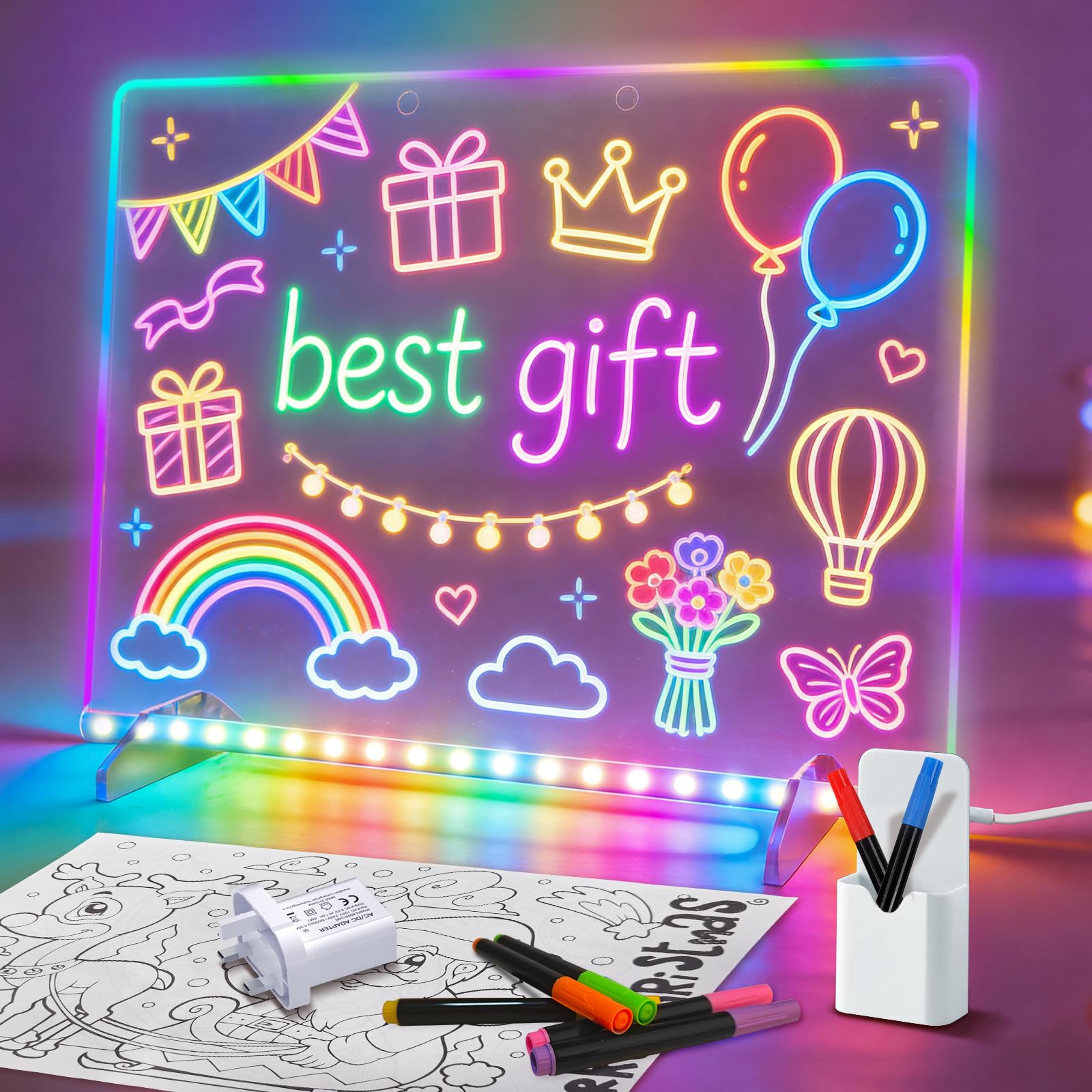 Led Drawing Board, 35x25 cm Light Up Acrylic Board for Children with 8 Colors 6 Light Modes, Rewritable Led Drawing Tablet for Kids Includes Adapter 7 Color Pens, Sketching Gift Toy for Teens — image 1