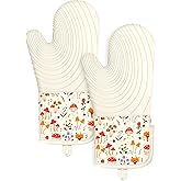 Slohif Long Silicone Oven Mitts Heat Resistant for Women - 2 Pcs Mushroom 100% Cotton Oven Gloves, Non-Slip and Waterproof Silicone Oven Mitts with Hanger for Baking and Cooking