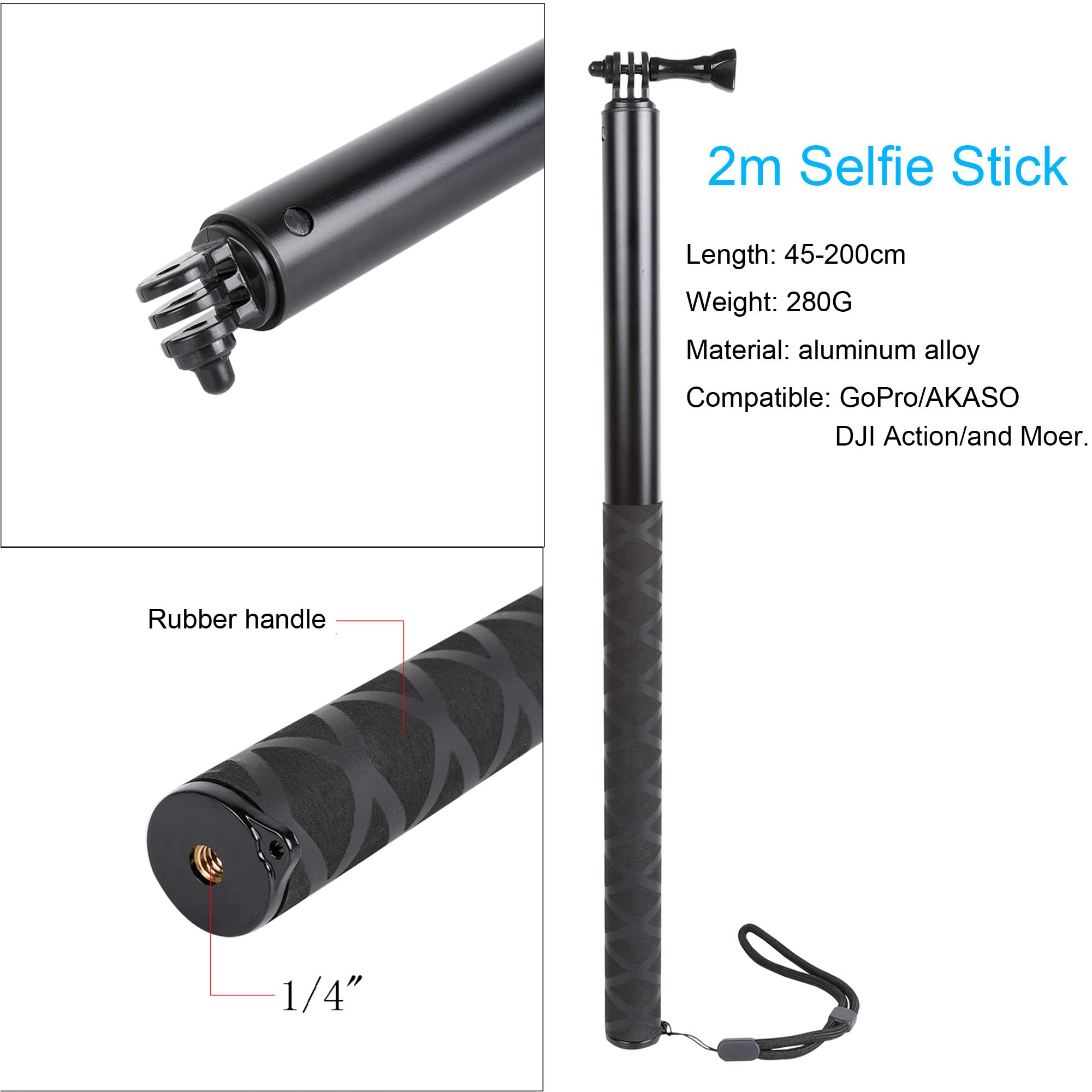 79inch Long Selfie Stick for GoPro 13/12 11 10 9 8 7 6 5 Blcak 4 Silver Go Pro Max Session, DJI Osmo Action 5 4 3 2,AKASO,Insta360 One RS R Cameras, 45-200cm Extendable Pole Monopod