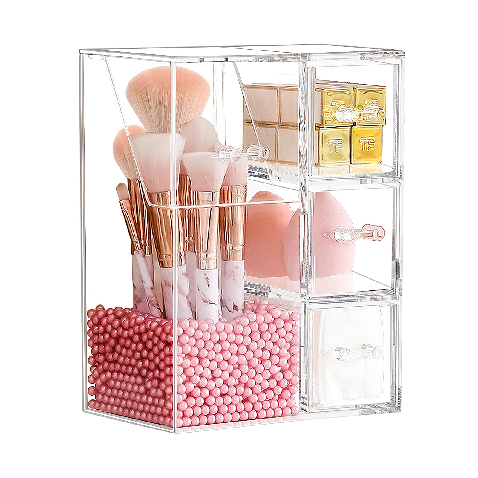 Andchi Make up Brushes Makeup Tools Storage Cosmetic Brush Organizer Container Mug Dustproof Arcyl Transparent Box with Pink Pearl