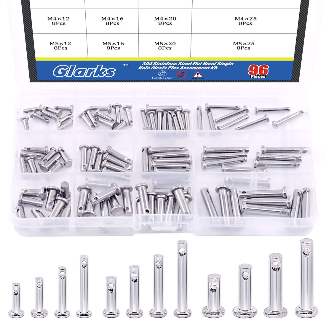 Glarks 96Pcs 12 Sizes 304 Stainless Steel Flat Head Single Hole Clevis Pins Assortment Kit