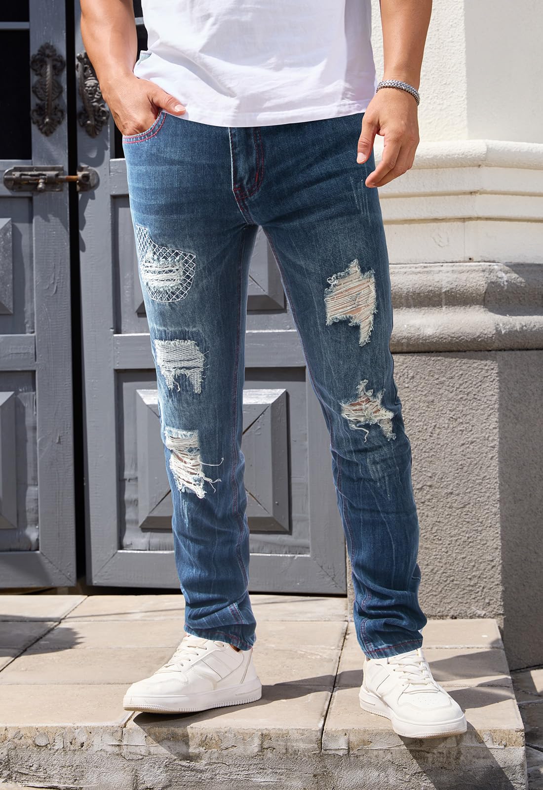 Gulots Men's Ripped Jeans Classic Comfort Regular Fit Basic Denim Pants for Men Casual Slim Fit Skinny Jean with Pockets 30 Ripped Blue