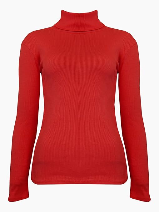 Womens Ribbed Polo Neck Top Cotton Jumper Red Black Blue White Pink
