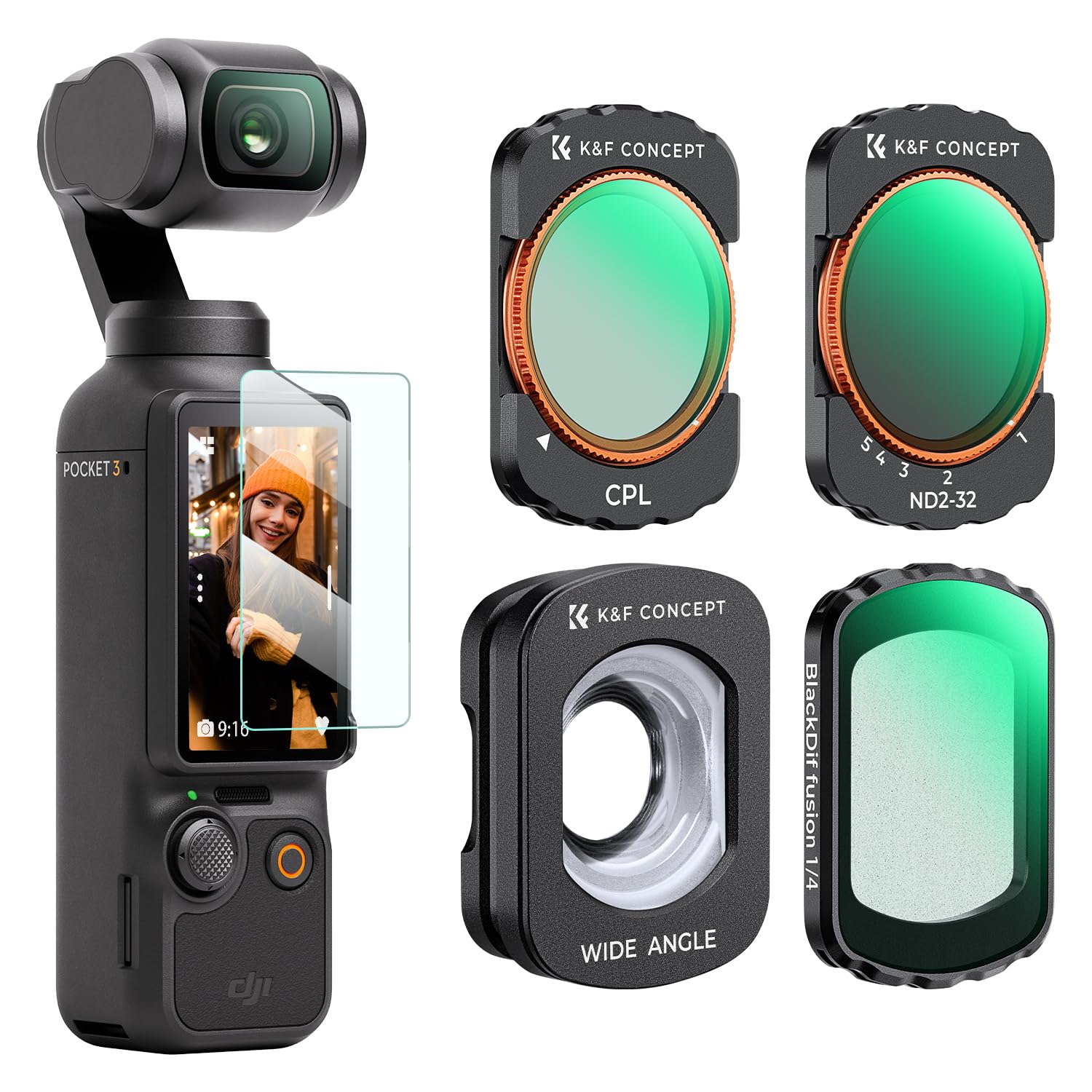 Photo 1 of K&F Concept Magnetic Wide Angle Lens & Effect & ND & CPL Filter Set Compatible with DJI Osmo Pocket 3, 4 Pack Wide-Angle Lens CPL Black Diffusion 1/4 ND2-32 Filters, HD Optical Glass/Multi-Coated