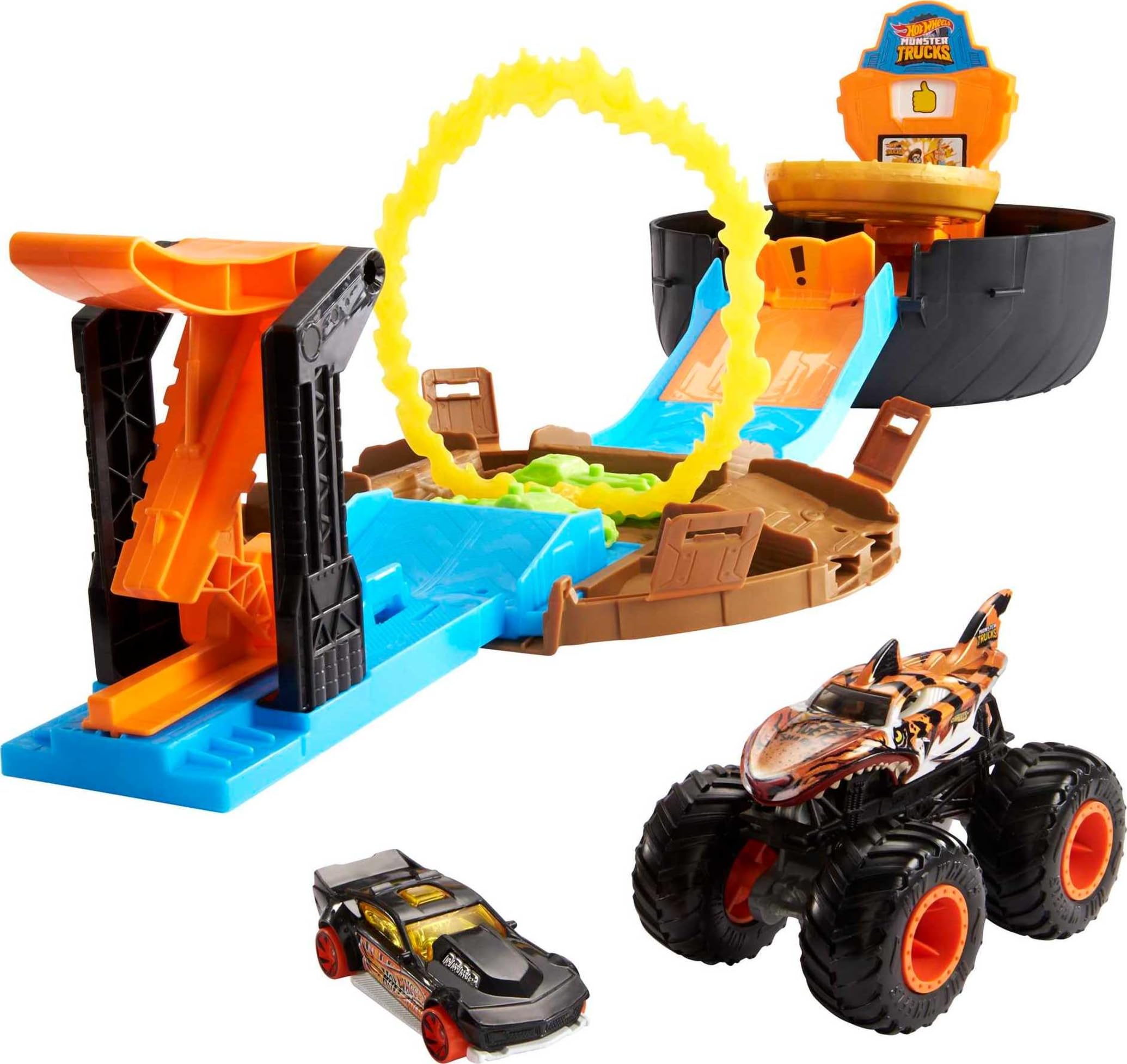 Hot Wheels Monster Trucks Stunt Tire Play Set Opens to Reveal Arena with Launcher, 1 Hot Wheels 1:64 Scale Car & 1 Monster Truck, Portable Toy Gift Set for Ages 4 to 8 Years Old,10.8 x 43.18 x 25.4 cm