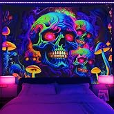 Skull Blacklight Tapestry, UV Reactive Skeleton Wall Art for Bedroom, Adults' Black Light Posters, Halloween Horror Glow in Dark Tapestry Aesthetic Living Room Dorm Decor 60x40IN