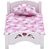 Dollhouse White Wooden Mini Bed with Pink Bedding, 1:12 Scale Realistic Bedroom Furniture for 6 Inch Dolls