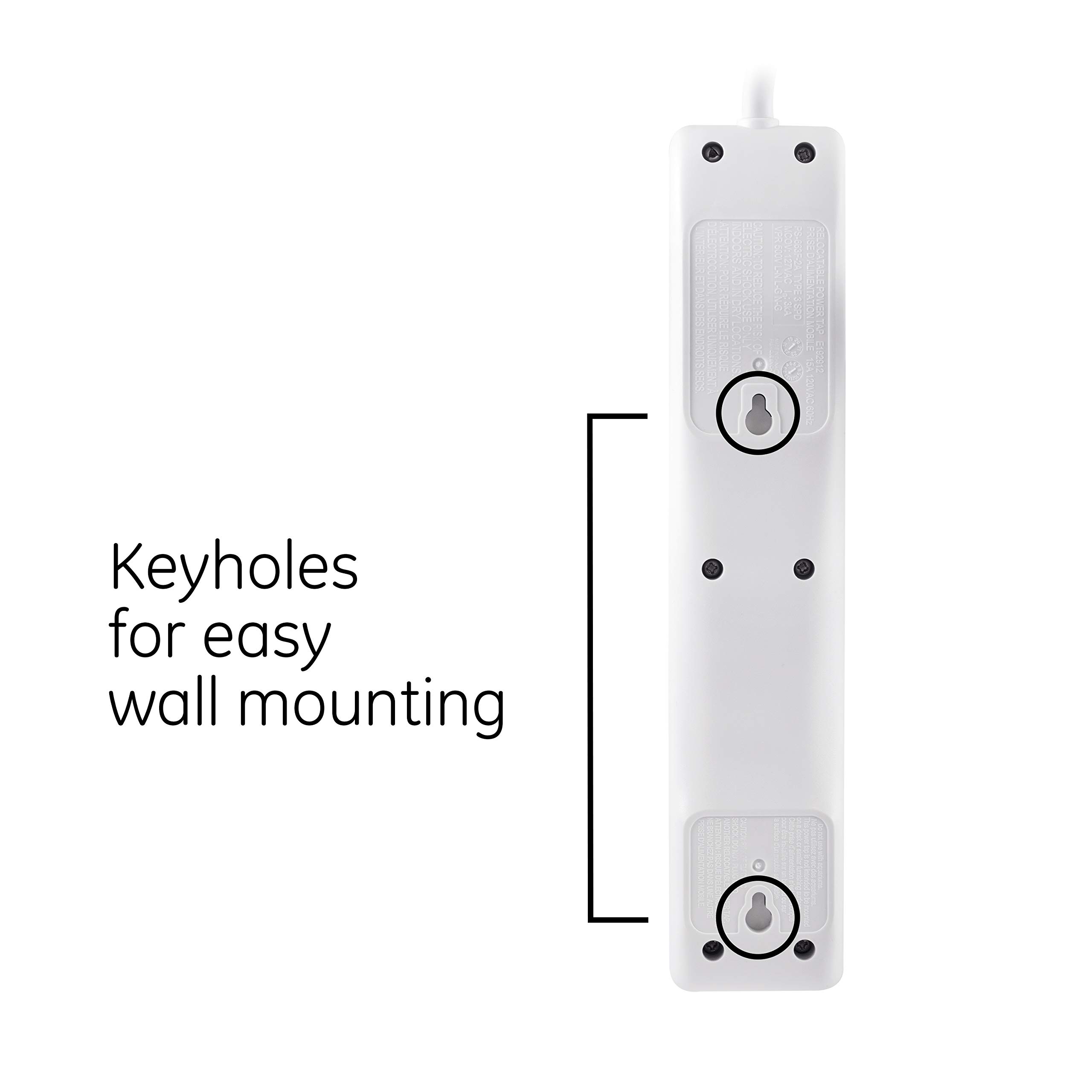 GE 6-Outlet Surge Protector, 4 Pack, 15 Ft Extension Cord, Power Strip, 800 Joules, Flat Plug, Twist-to-Close Safety Covers, Protected Indicator Light, UL Listed, White, 54651