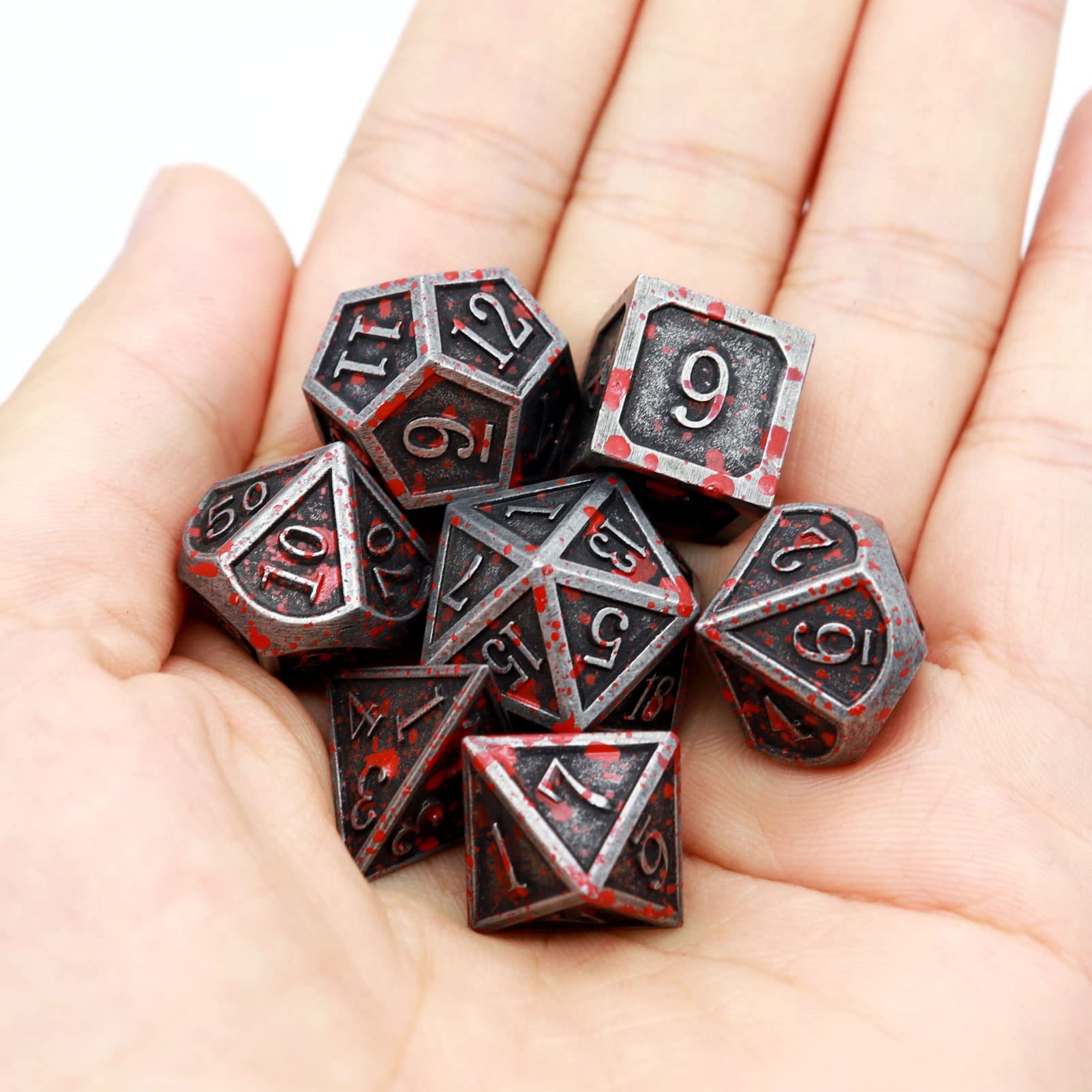 Haxtec Bloodstained Metal DND Dice Set Blood Polyhedral D&D Dice Compatible with Dungeons and Dragons Gift TTRPG Antique Metal Halloween Dice