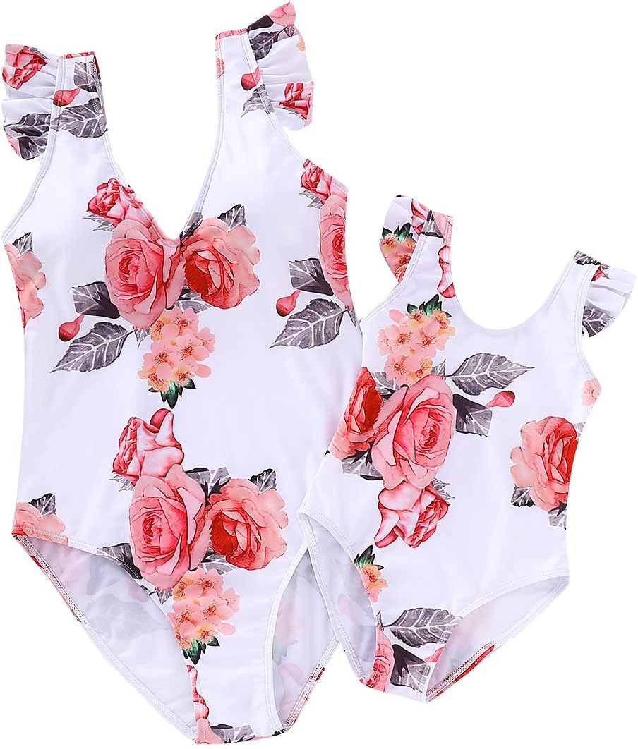 puseky Mommy and Me Swimwear Family Matching Swimsuit Mother Girls Floral Bathing Suit One-Piece Swimwear