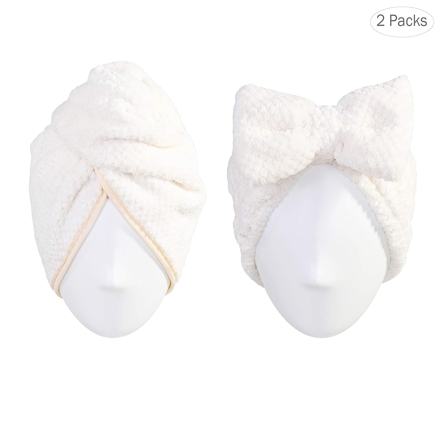 Microfiber Head Towel Wraps for Women, 10 x 26 Inch, Hair Drying Towel Wrap Turban, with Make Up Hairband, 2 Packs,White