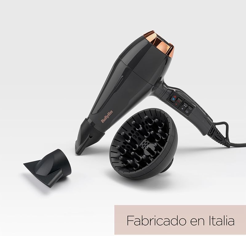 Secador de pelo Italian Air Pro con Difusor - Motor AC Profesional, Alta potencia 2200 W, Tecnología iónica antiencrespamiento, 2 temperaturas y 2 velocidades, Made In Italy, Negro, 6719DE