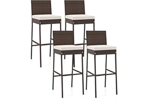 COSTWAY Outdoor Wicker Bar Stools Set of 4, 30'' Patio Bar Height Chairs with Cushion, Footrest and Backrest, Rattan Barstools for Backyard Poolside Deck (Brown)