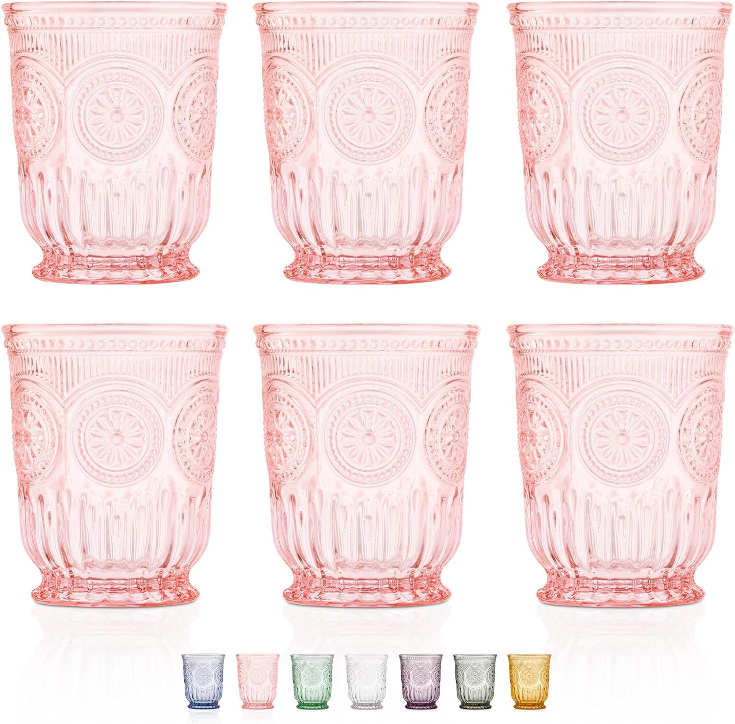 Photo 1 of Yungala Pink Glass Cups, set of 6 pink drinking glasses for lovers of vintage pink glassware. Perfect as juice glasses or water glasses for the dining table.