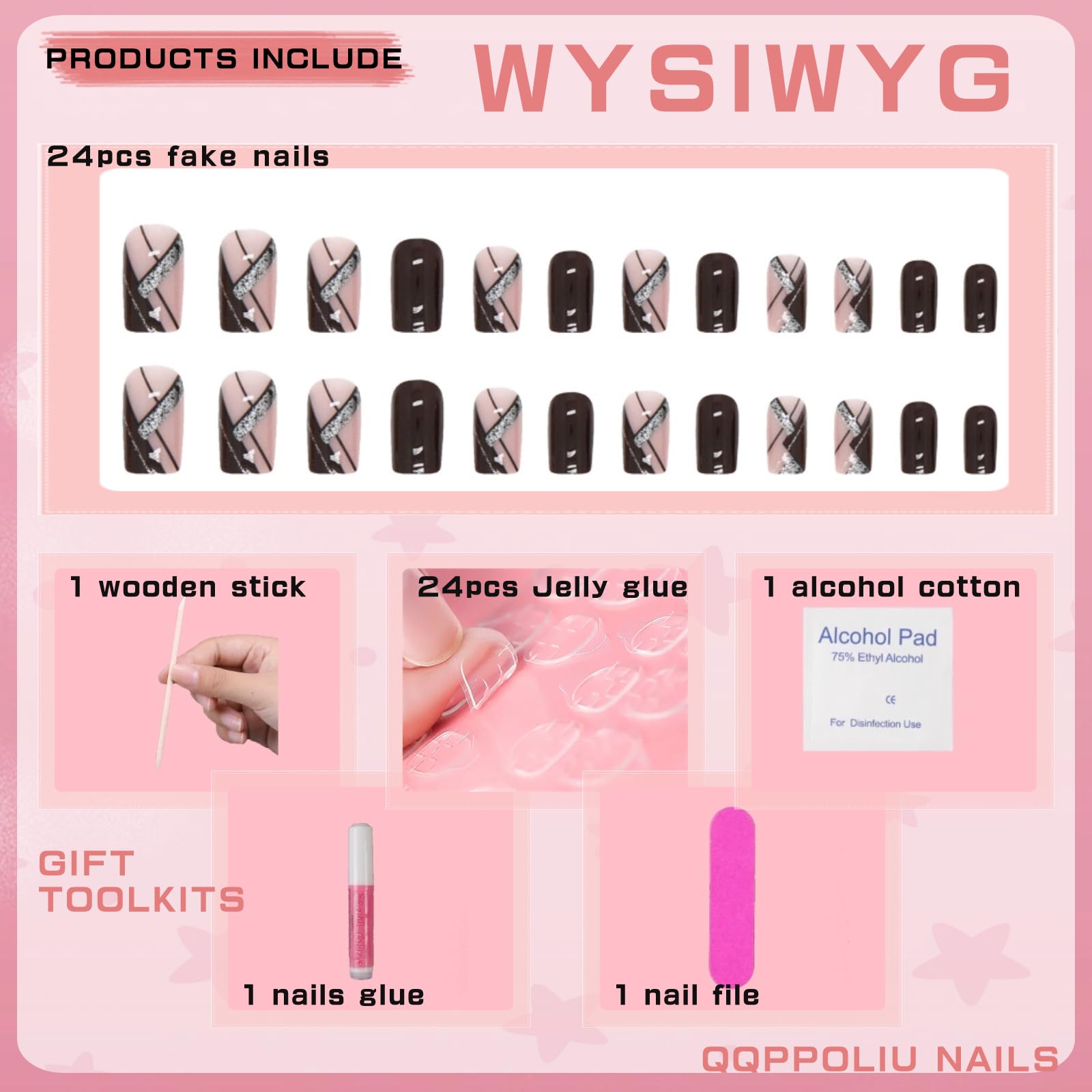 QQPPOLIU Press on Nails Medium Square Artificial Nails Dark Red Fake Press on Nails Holiday False Nails Girls Fake Nail with Geometric Pattern Glitter Full Cover Nails - Image 2